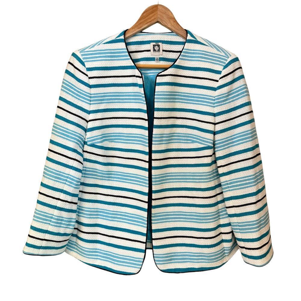 Anne Klein Preppy Blue Striped Open Front Cardigan Jacket Womens Sz 12 Nautical